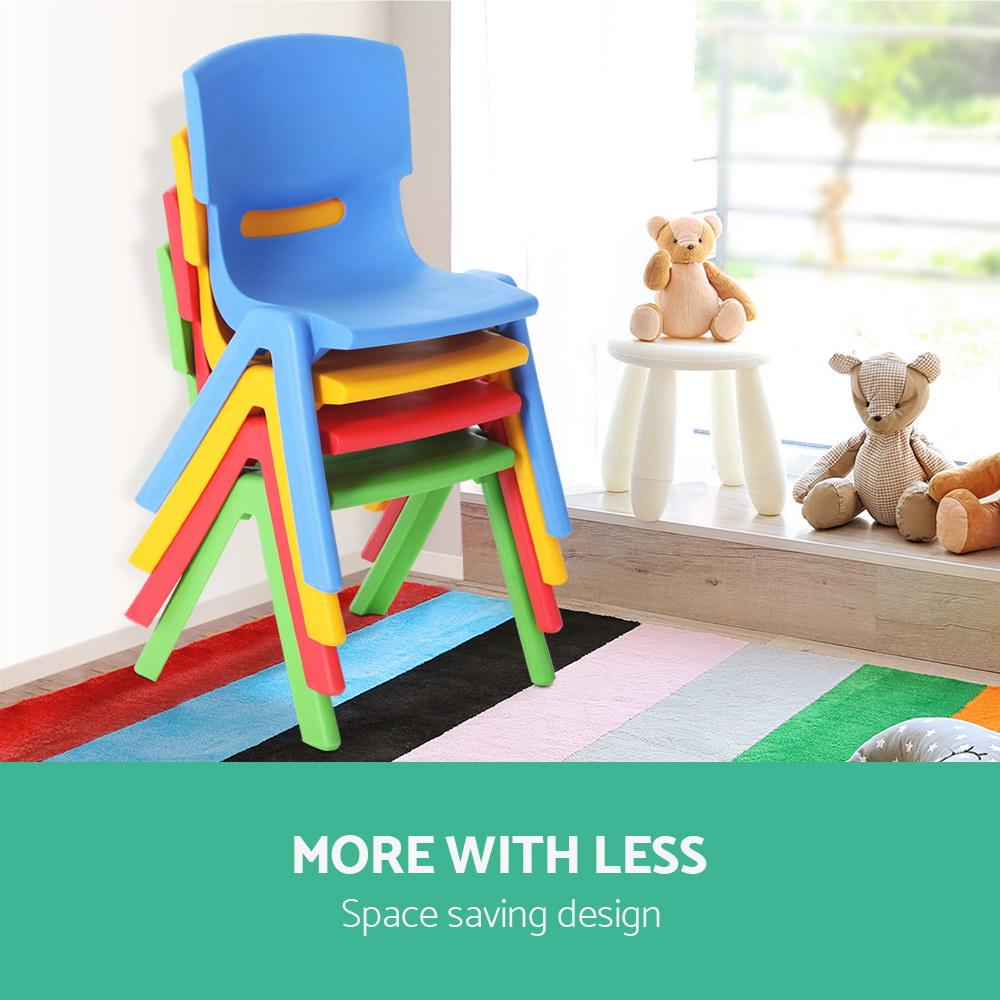 Keezi Set of 4 colorful kids play chairs in yellow, red, green, and blue, designed for indoor and outdoor use with smooth edges and stackable feature.
